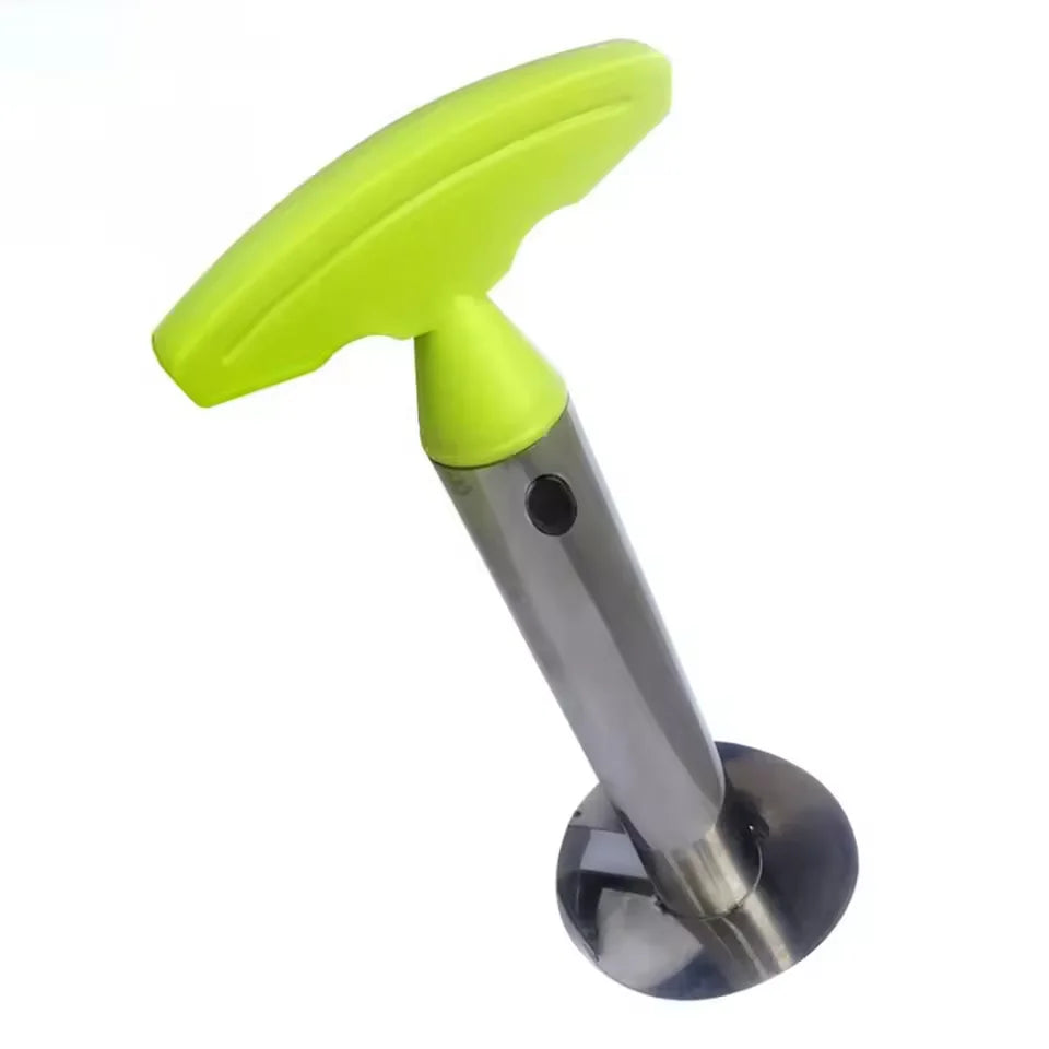 Pineapple corer with a lime green T-handle and stainless steel shaft on a white background