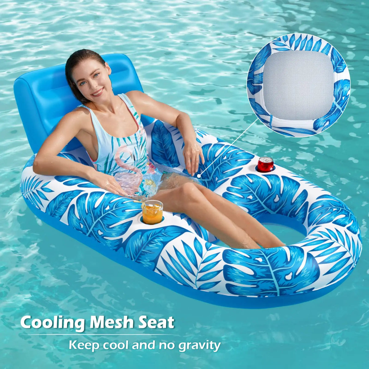 Woman on the leaf-print lounger in a pool, with an inset close-up of the mesh seat panel