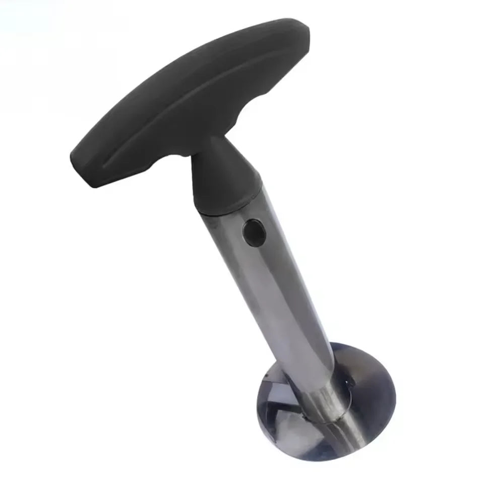 Pineapple corer with a black T-handle and stainless steel shaft on a white background