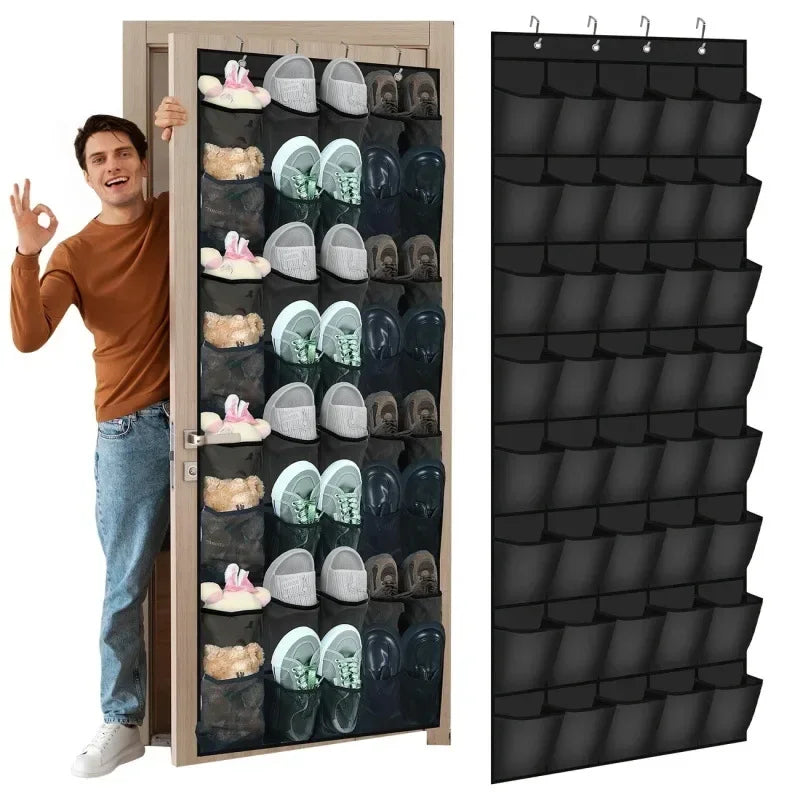 Man beside a door hung with the black shoe organiser holding shoes and slippers, next to a flat product view