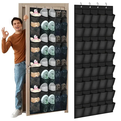 Man beside a door hung with the black shoe organiser holding shoes and slippers, next to a flat product view