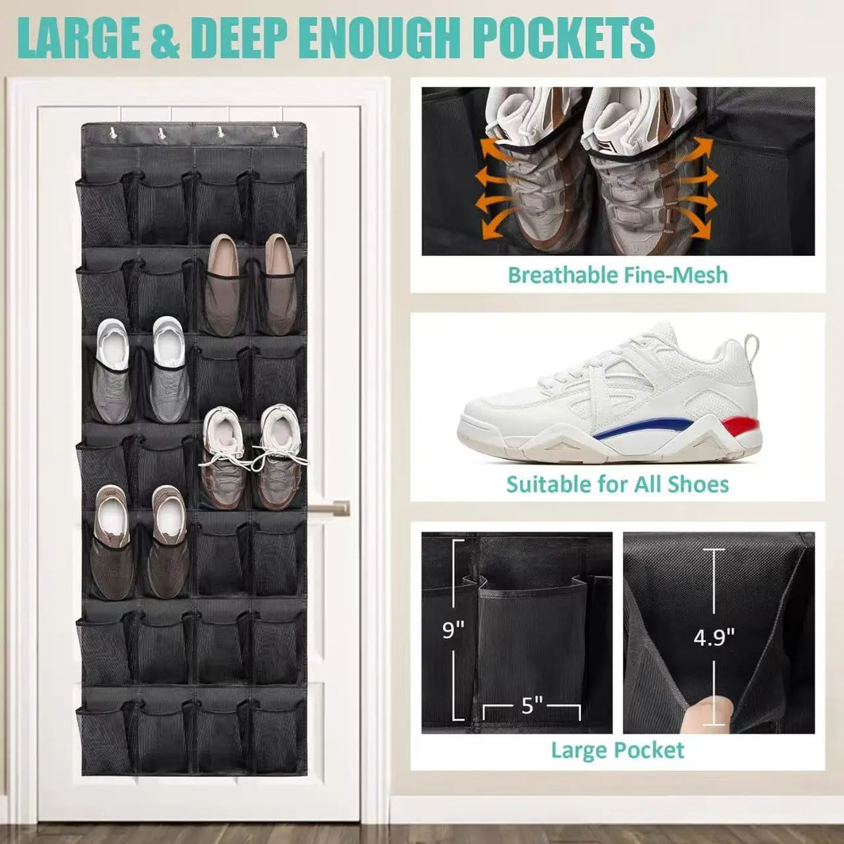 Grey organiser on a white door with insets showing pocket measurements 9 x 5 inches and 4.9 inches deep