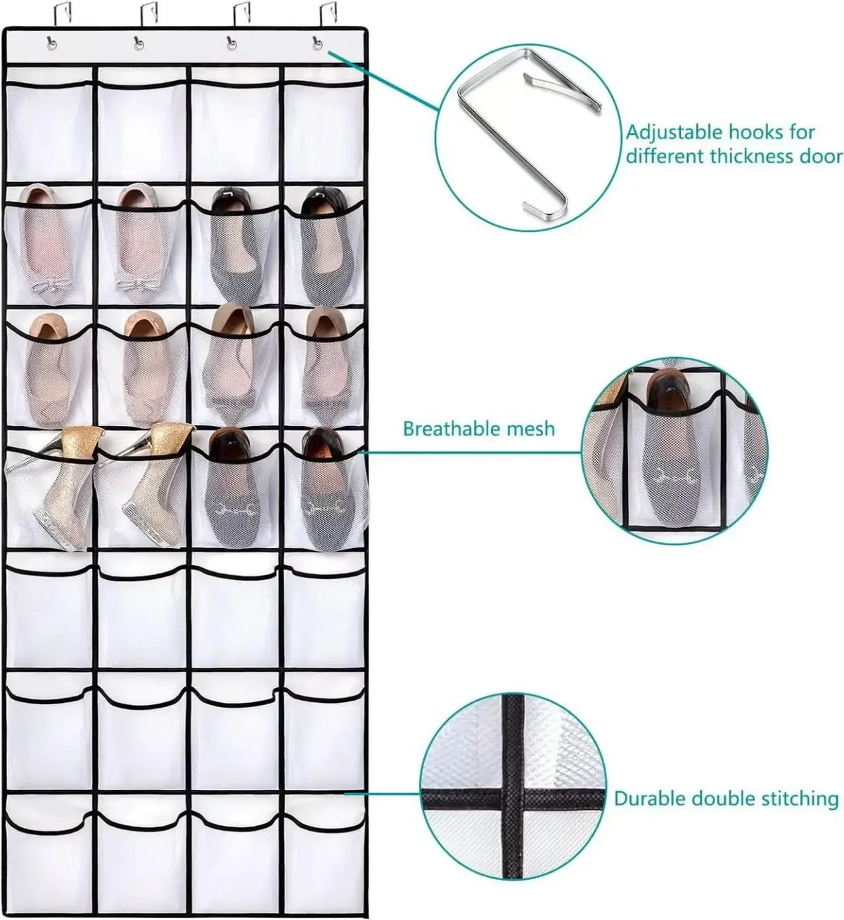 White mesh organiser holding flat shoes, with close-ups of the metal hook, pocket mesh and stitched seam
