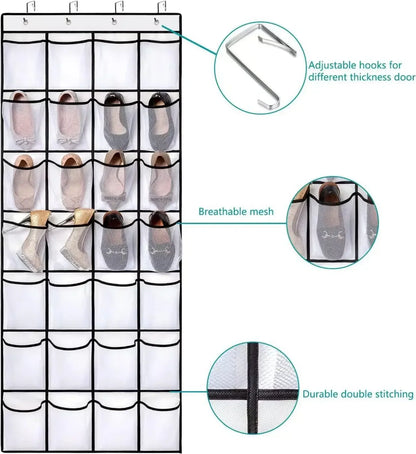 White mesh organiser holding flat shoes, with close-ups of the metal hook, pocket mesh and stitched seam