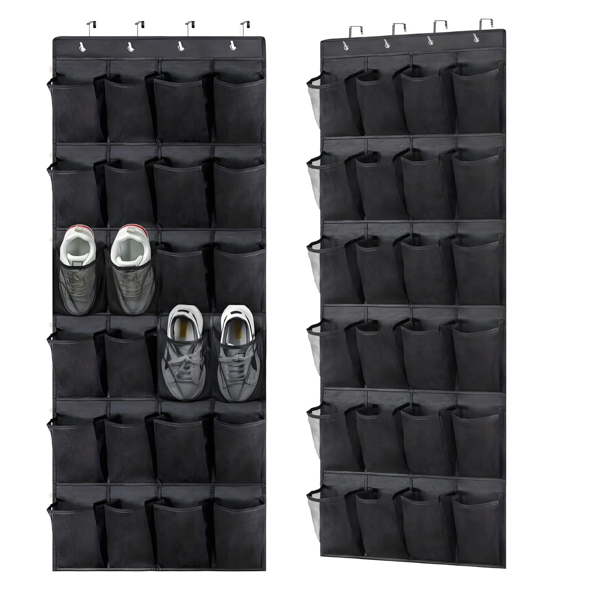 Two black shoe organisers shown front and angled, a few trainers in the pockets, on a white background