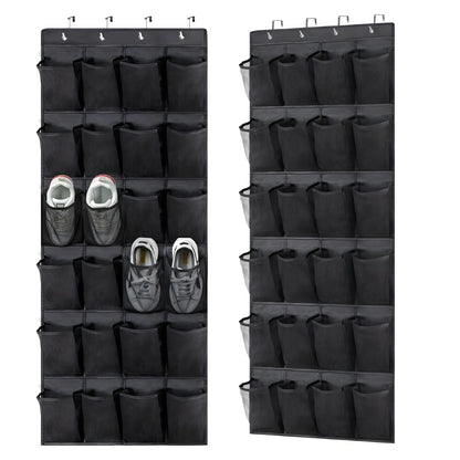 Two black shoe organisers shown front and angled, a few trainers in the pockets, on a white background