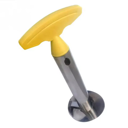 Pineapple corer with a yellow T-handle and stainless steel shaft on a white background