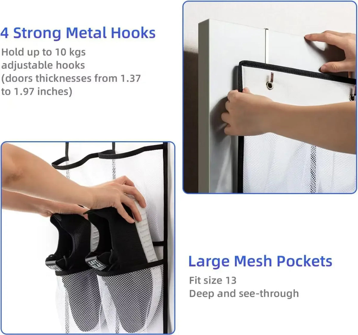 Hands fitting the organiser over a door, with a close-up of trainers in the deep mesh pockets