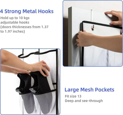 Hands fitting the organiser over a door, with a close-up of trainers in the deep mesh pockets