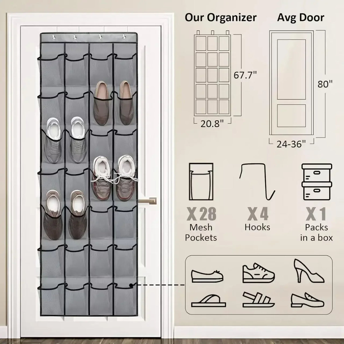 Size diagram: organiser 67.7 x 20.8 in shown against a standard door, with four hooks along the top