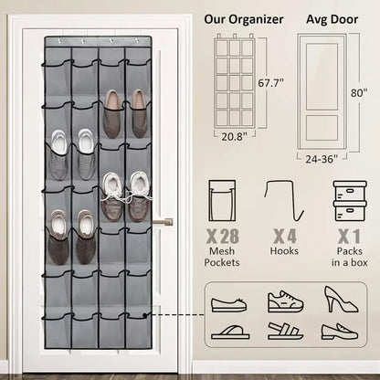 Size diagram: organiser 67.7 x 20.8 in shown against a standard door, with four hooks along the top