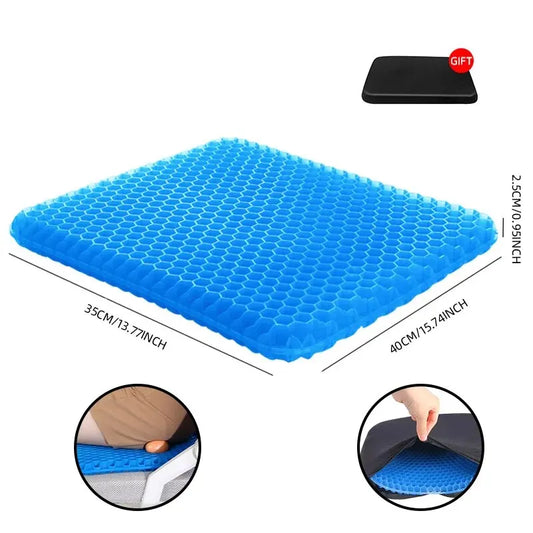 Dimensions diagram: blue honeycomb gel pad 40 x 35 x 2.5 cm, with a black cover shown top right