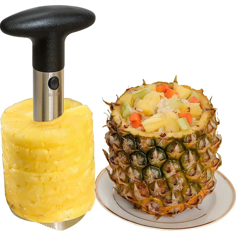 Corer with a cut pineapple cylinder next to a hollowed pineapple filled with rice and vegetables