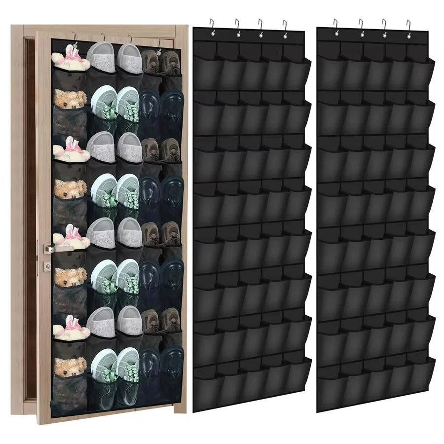 Black over-door shoe organiser on a wooden door filled with shoes, beside two flat views of the empty rack