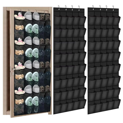 Black over-door shoe organiser on a wooden door filled with shoes, beside two flat views of the empty rack