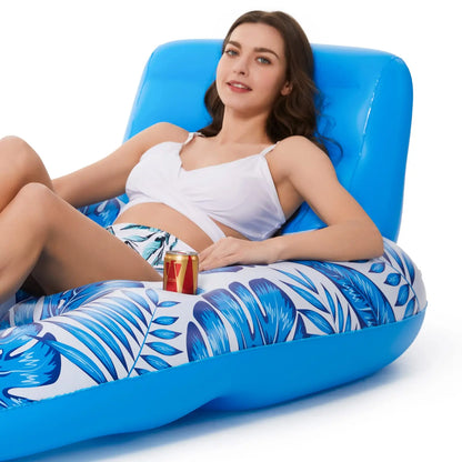 Close-up of the raised backrest and side cup holder with a drink can, woman resting against it